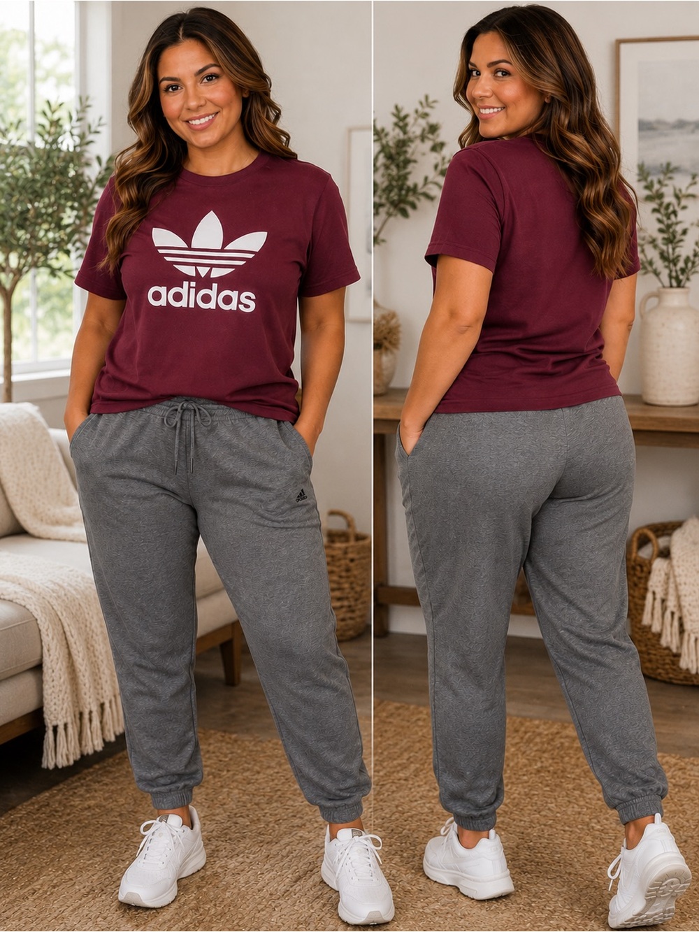 adidas women’s large Burgundy Trefoil Tee with Gray Jogger Pants - Picture 1 of 1